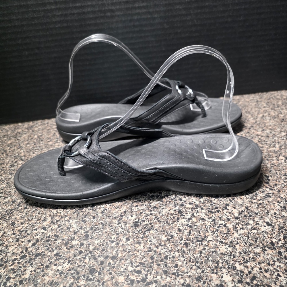 Vionic Tide Aloe Thong Toe Post Sandals Women Size 9 Black Leather Silver O-Ring - Picture 7 of 10